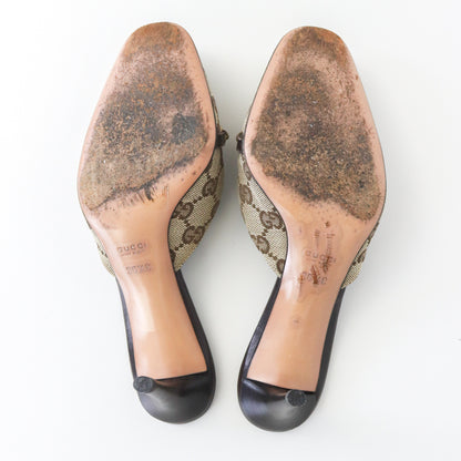 Vintage Gucci by Tom Ford Beige GG Logo Monogram Mules Horsebit Heels / 36.5 (US 6.5)