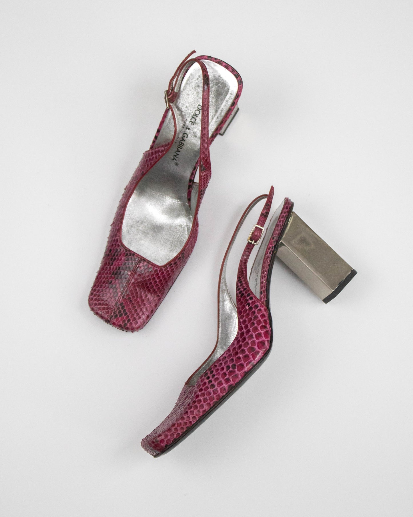 Vintage F/W 1999 Dolce&Gabbana Pink Python Print Slingback Mirror Heels / 38 (US 8)