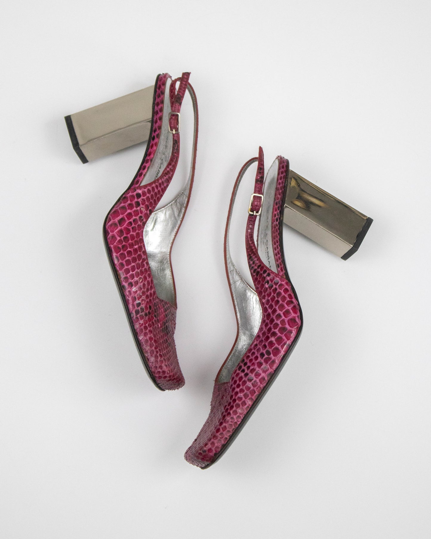 Vintage F/W 1999 Dolce&Gabbana Pink Python Print Slingback Mirror Heels / 38 (US 8)