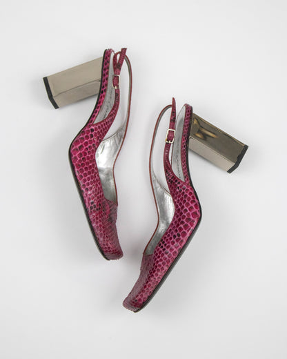 Vintage F/W 1999 Dolce&Gabbana Pink Python Print Slingback Mirror Heels / 38 (US 8)