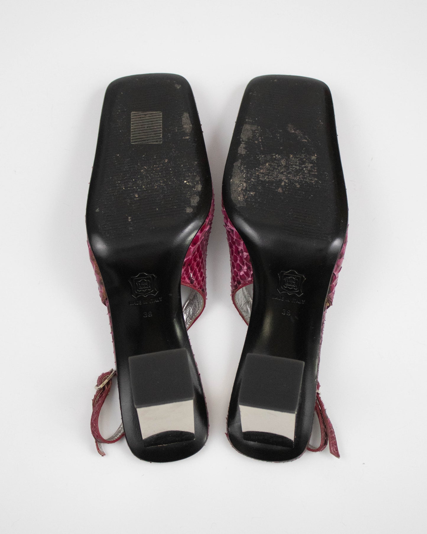 Vintage F/W 1999 Dolce&Gabbana Pink Python Print Slingback Mirror Heels / 38 (US 8)