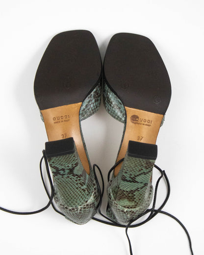 Vintage S/S 1996 Gucci Snakeskin Print Ankle Wrap Sandals / 37 (US 7)