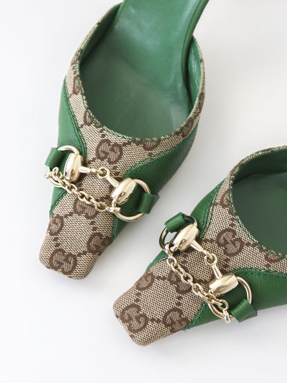 Vintage Gucci by Tom Ford Green GG Monogram Horsebit Chain Detail Mules / 36 (US 6)