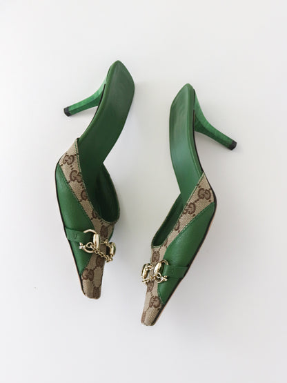 Vintage Gucci by Tom Ford Green GG Monogram Horsebit Chain Detail Mules / 36 (US 6)
