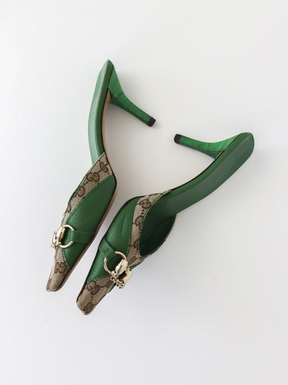Vintage Gucci by Tom Ford Green GG Monogram Horsebit Chain Detail Mules / 36 (US 6)