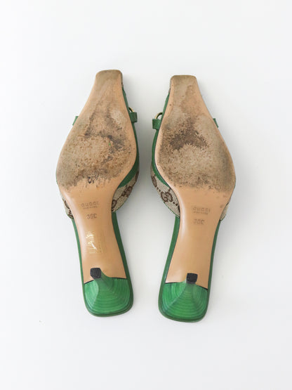 Vintage Gucci by Tom Ford Green GG Monogram Horsebit Chain Detail Mules / 36 (US 6)