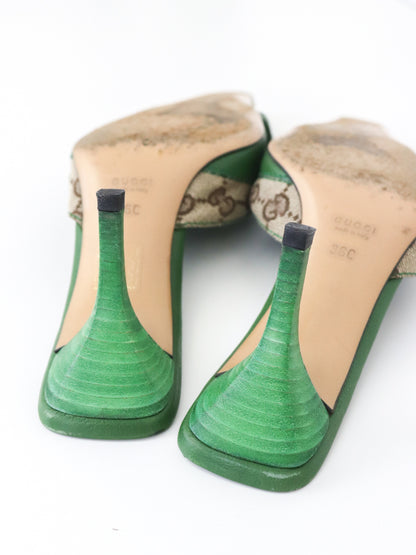 Vintage Gucci by Tom Ford Green GG Monogram Horsebit Chain Detail Mules / 36 (US 6)