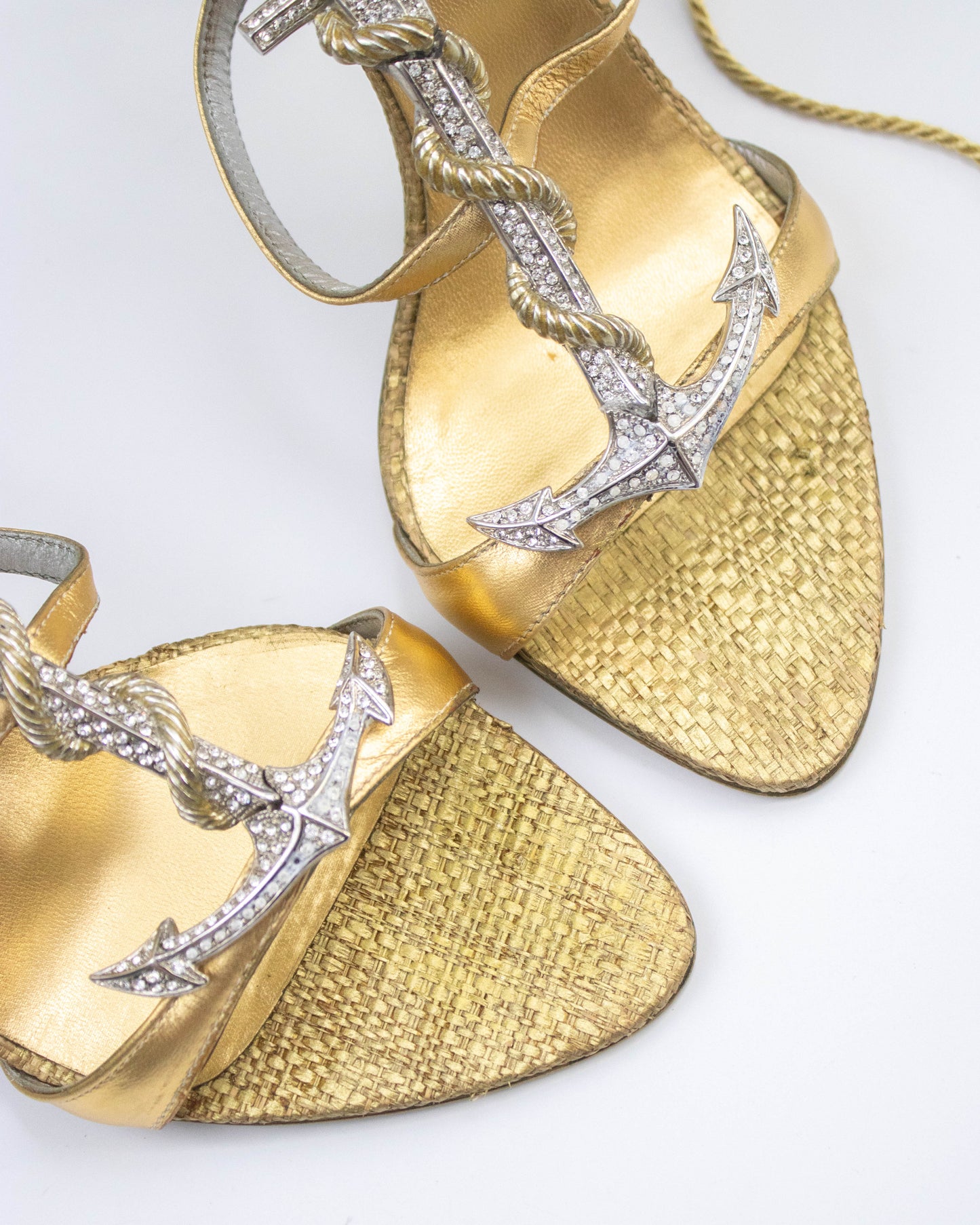 Vintage Le Silla Crystal Anchor Charm Ankle Wrap Heels / 38 (US 8)
