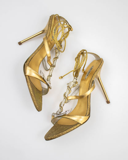 Vintage Le Silla Crystal Anchor Charm Ankle Wrap Heels / 38 (US 8)