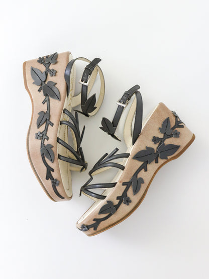 Vintage S/S 1997 Prada Floral Vine Leaf Applique Runway Wedge Sandals / 36 (US 6)