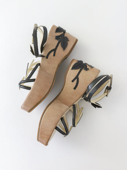 Vintage S/S 1997 Prada Floral Vine Leaf Applique Runway Wedge Sandals / 36 (US 6)
