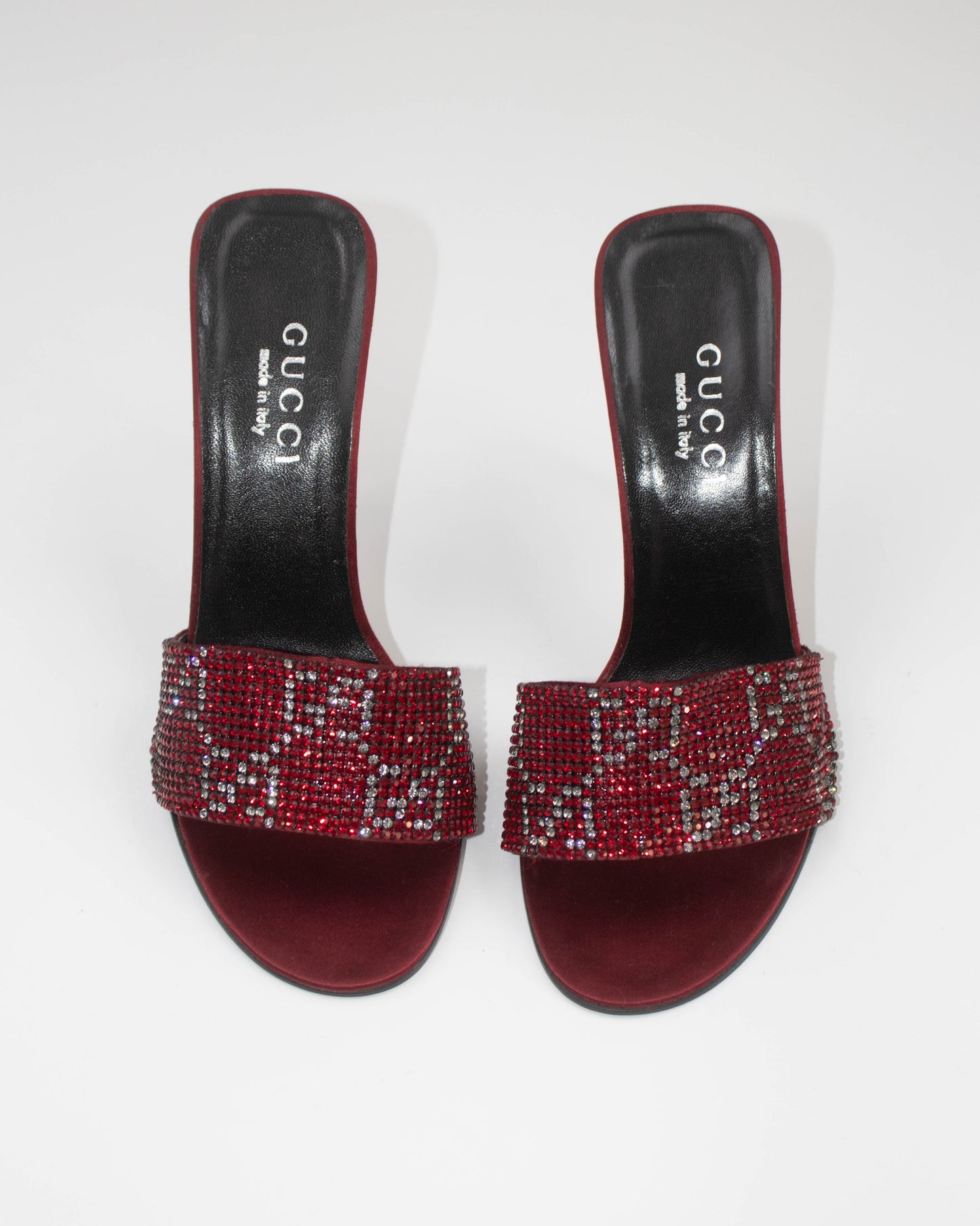Vintage 1997/1998 Gucci Red Monogram Swarovski Crystal Stiletto Heel Mules / 37 (US 7)