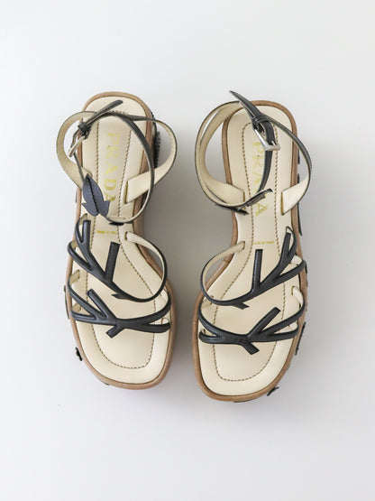 Vintage S/S 1997 Prada Floral Vine Leaf Applique Runway Wedge Sandals / 36 (US 6)