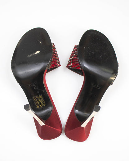 Vintage 1997/1998 Gucci Red Monogram Swarovski Crystal Stiletto Heel Mules / 37 (US 7)