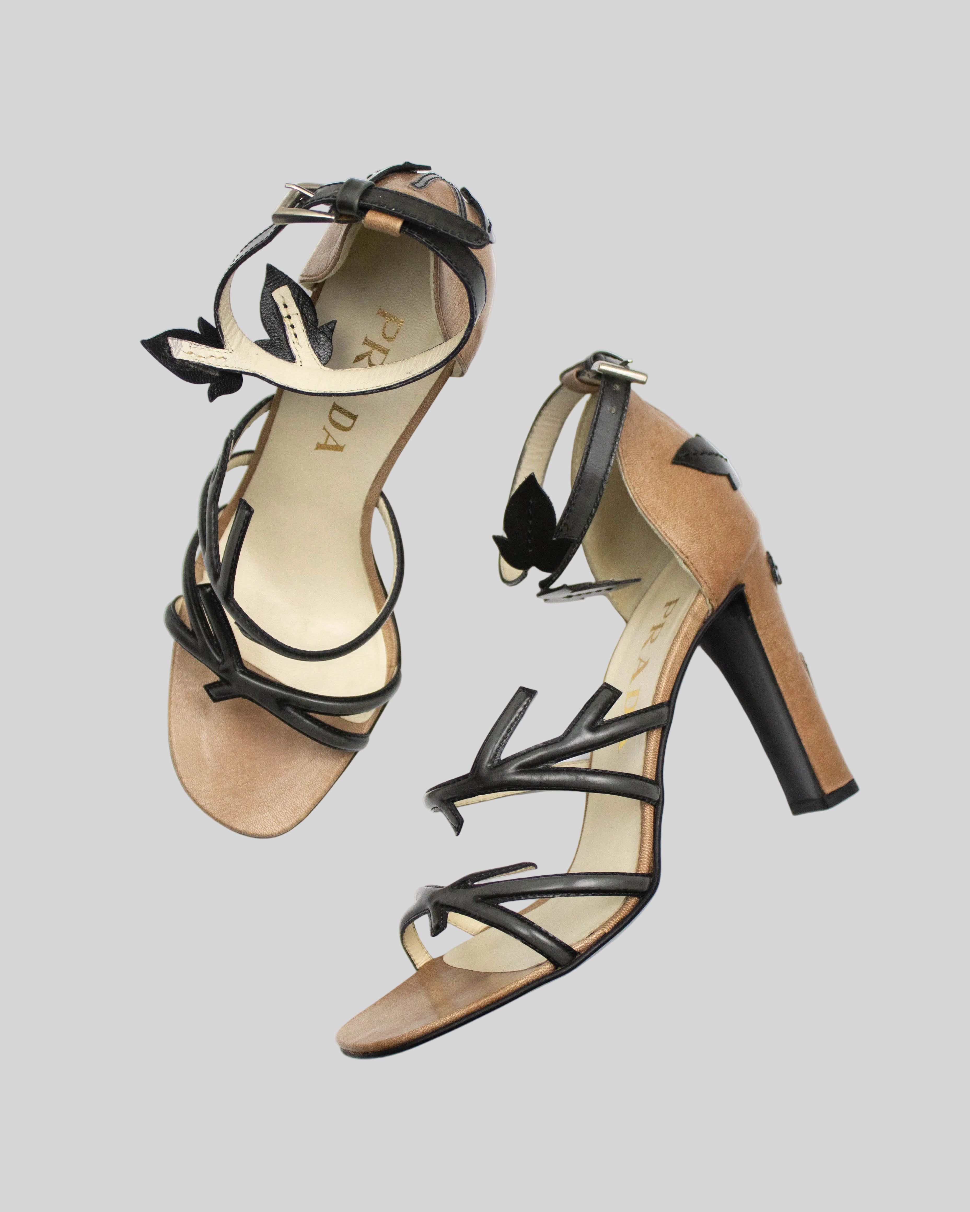 Vintage S/S 1997 Prada Vine Leaf Floral Applique Runway Heels / 37