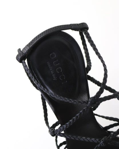 Vintage F/W 2002 Gucci by Tom Ford Black Braided Leather Stiletto Sandals / 36 (US 6)