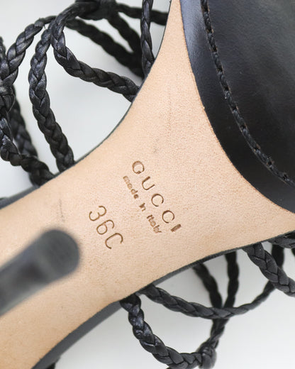Vintage F/W 2002 Gucci by Tom Ford Black Braided Leather Stiletto Sandals / 36 (US 6)