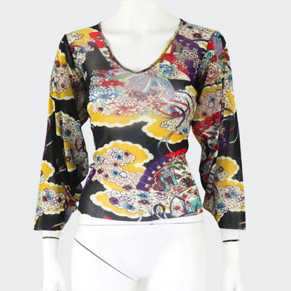 Vintage Kenzo Jeans Japanese Motif Print Wide Sleeve Mesh Top / XS-S