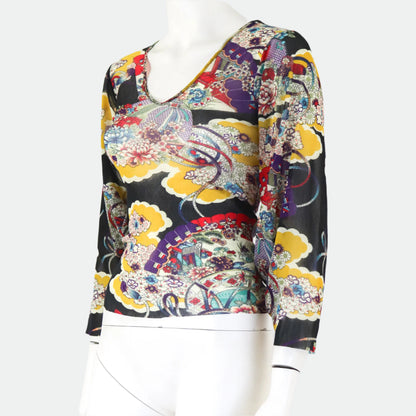 Vintage Kenzo Jeans Japanese Motif Print Wide Sleeve Mesh Top / XS-S