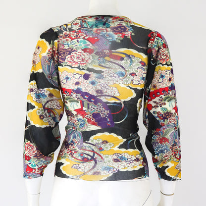 Vintage Kenzo Jeans Japanese Motif Print Wide Sleeve Mesh Top / XS-S