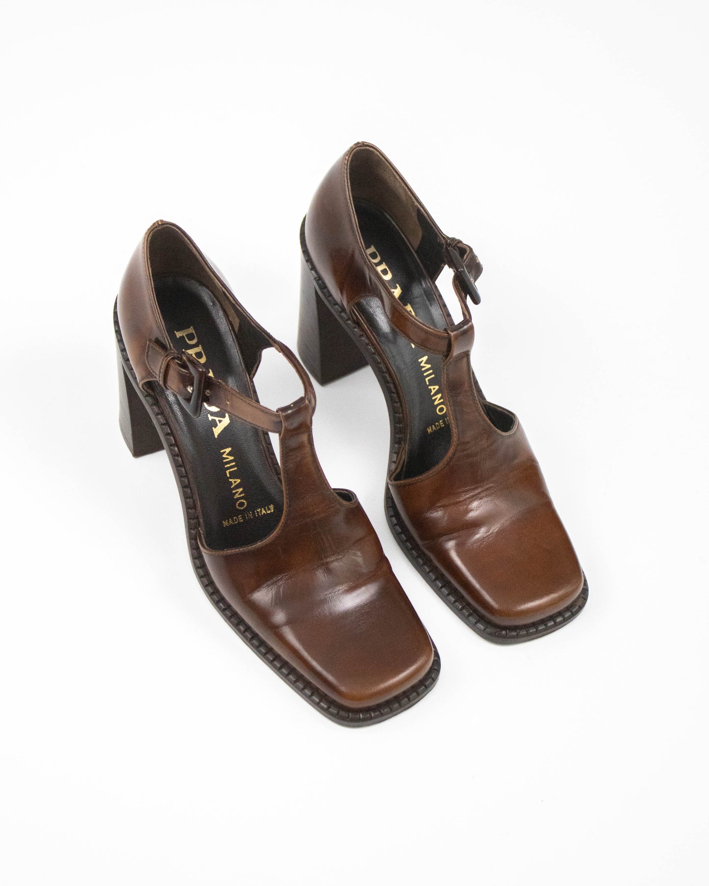 Vintage S/S 1996 Prada Brown T-Strap Mary Jane Runway Pumps / 36.5 (US 6.5)