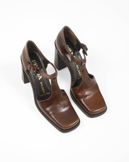 Vintage S/S 1996 Prada Brown T-Strap Mary Jane Runway Pumps / 36.5 (US 6.5)