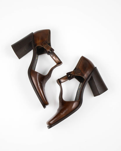 Vintage S/S 1996 Prada Brown T-Strap Mary Jane Runway Pumps / 36.5 (US 6.5)