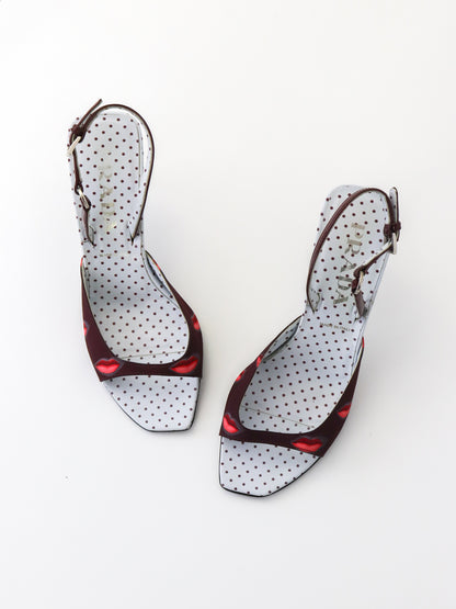 Vintage S/S 2000 Prada Polka Dot Burgundy Lips Print Sandals Heels / 36.5 (US 6.5)