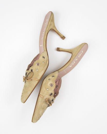 Vintage Prada Iconic Beige Suede Eyelet Bow Mule Heels / 35.5 (US 5.5)
