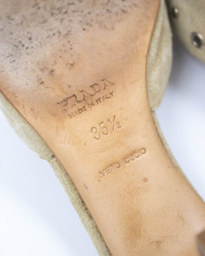 Vintage Prada Iconic Beige Suede Eyelet Bow Mule Heels / 35.5 (US 5.5)
