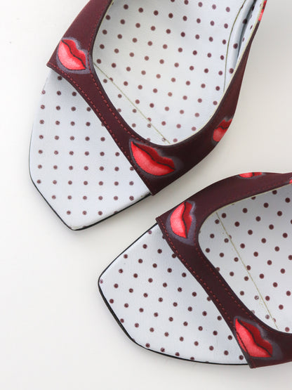 Vintage S/S 2000 Prada Polka Dot Burgundy Lips Print Sandals Heels / 36.5 (US 6.5)