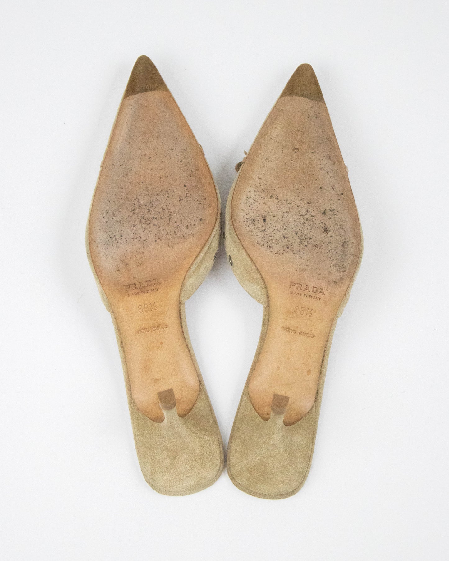Vintage Prada Iconic Beige Suede Eyelet Bow Mule Heels / 35.5 (US 5.5)