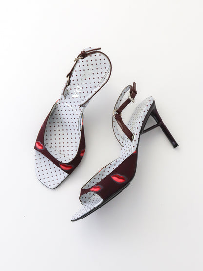 Vintage S/S 2000 Prada Polka Dot Burgundy Lips Print Sandals Heels / 36.5 (US 6.5)
