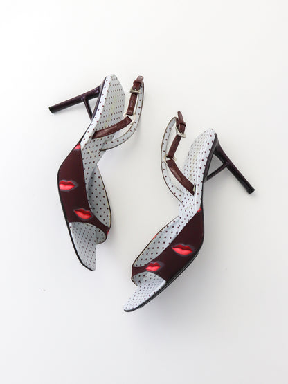Vintage S/S 2000 Prada Polka Dot Burgundy Lips Print Sandals Heels / 36.5 (US 6.5)