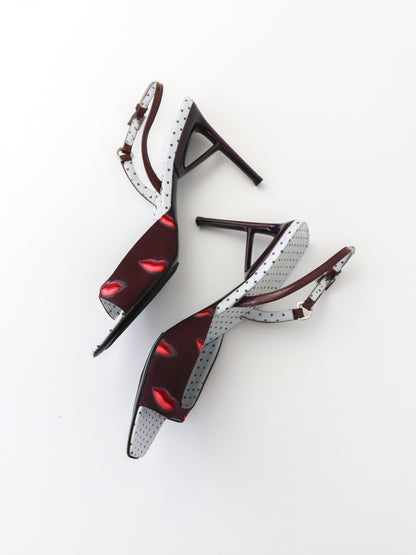 Vintage S/S 2000 Prada Polka Dot Burgundy Lips Print Sandals Heels / 36.5 (US 6.5)