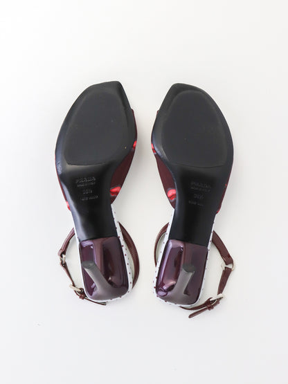 Vintage S/S 2000 Prada Polka Dot Burgundy Lips Print Sandals Heels / 36.5 (US 6.5)