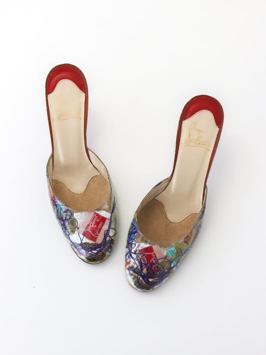 Vintage 1999 Christian Louboutin Arte Povera Trash Collection Kitten Heel Mules / 37 (US 7)