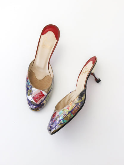 Vintage 1999 Christian Louboutin Arte Povera Trash Collection Kitten Heel Mules / 37 (US 7)