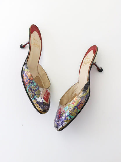 Vintage 1999 Christian Louboutin Arte Povera Trash Collection Kitten Heel Mules / 37 (US 7)