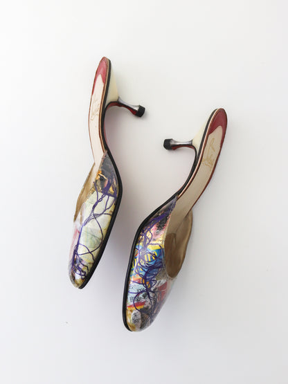 Vintage 1999 Christian Louboutin Arte Povera Trash Collection Kitten Heel Mules / 37 (US 7)