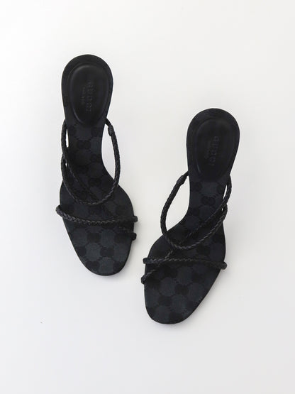 Vintage F/W 2002 Gucci by Tom Ford Black Monogram Heels Mules Braided Leather Detail / 37.5 (US 7.5)