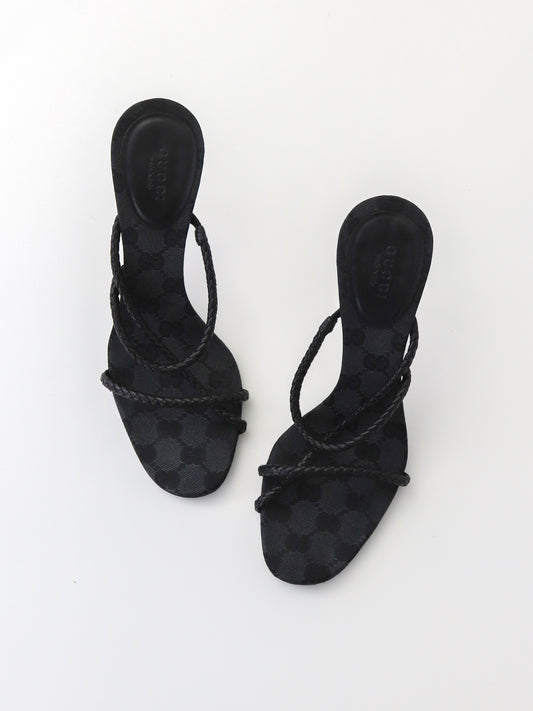 Vintage F/W 2002 Gucci by Tom Ford Black Monogram Heels Mules Braided Leather Detail / 37.5 (US 7.5)