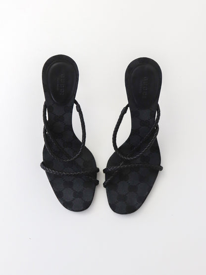Vintage F/W 2002 Gucci by Tom Ford Black Monogram Heels Mules Braided Leather Detail / 37.5 (US 7.5)