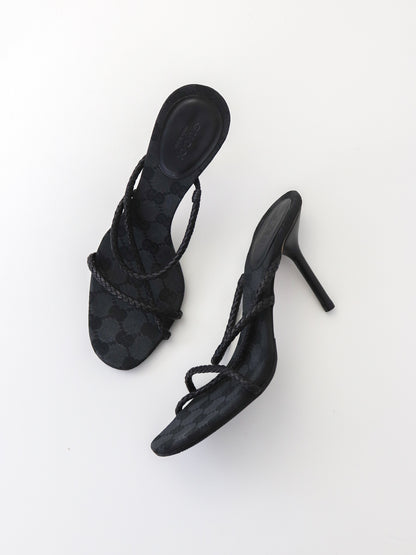 Vintage F/W 2002 Gucci by Tom Ford Black Monogram Heels Mules Braided Leather Detail / 37.5 (US 7.5)