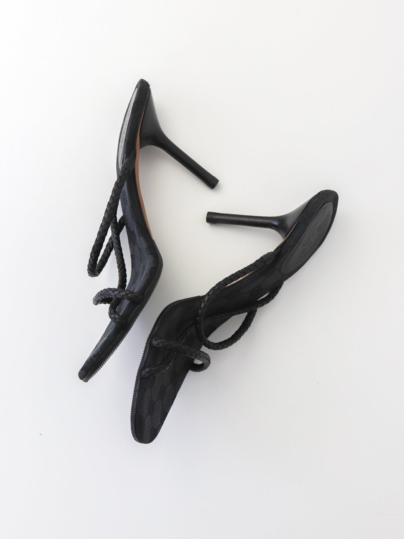 Vintage F/W 2002 Gucci by Tom Ford Black Monogram Heels Mules Braided Leather Detail / 37.5 (US 7.5)