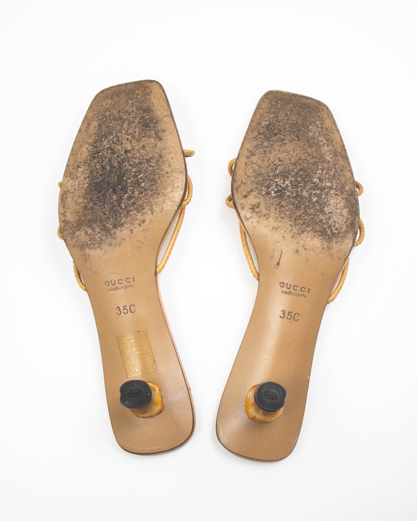 Vintage S/S 2002 Gucci by Tom Ford Beige Leather Bamboo Kitten Heel Mules / 35 (US 5)