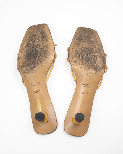 Vintage S/S 2002 Gucci by Tom Ford Beige Leather Bamboo Kitten Heel Mules / 35 (US 5)