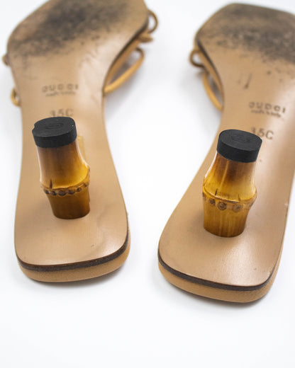 Vintage S/S 2002 Gucci by Tom Ford Beige Leather Bamboo Kitten Heel Mules / 35 (US 5)