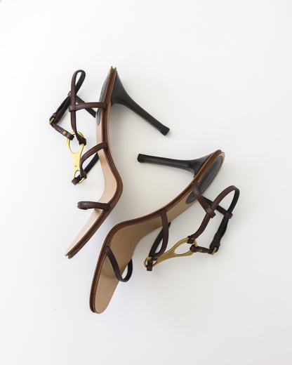 Vintage Gucci by Tom Ford Leather Sandals Strappy Heels Metal Horsebit Logo / 37 (US 7)