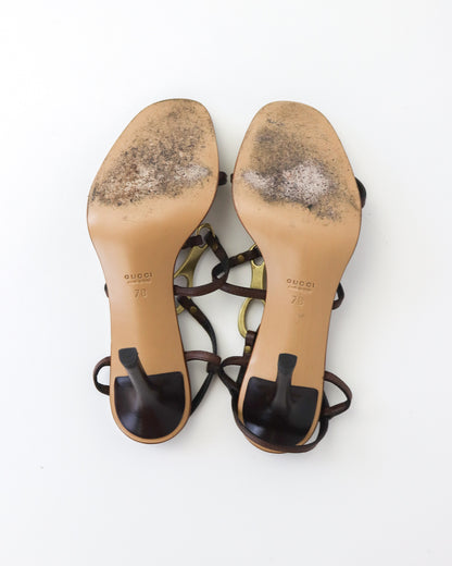 Vintage Gucci by Tom Ford Leather Sandals Strappy Heels Metal Horsebit Logo / 37 (US 7)